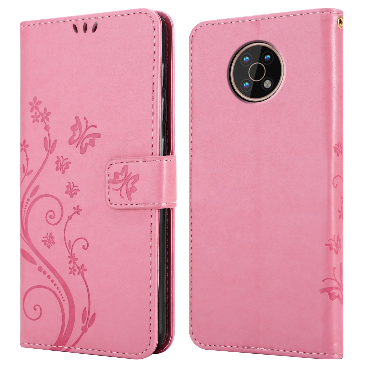 Custodia rosa per telefono con design floreale. Aperta, mostra il telefono. Chiusura magnetica.
