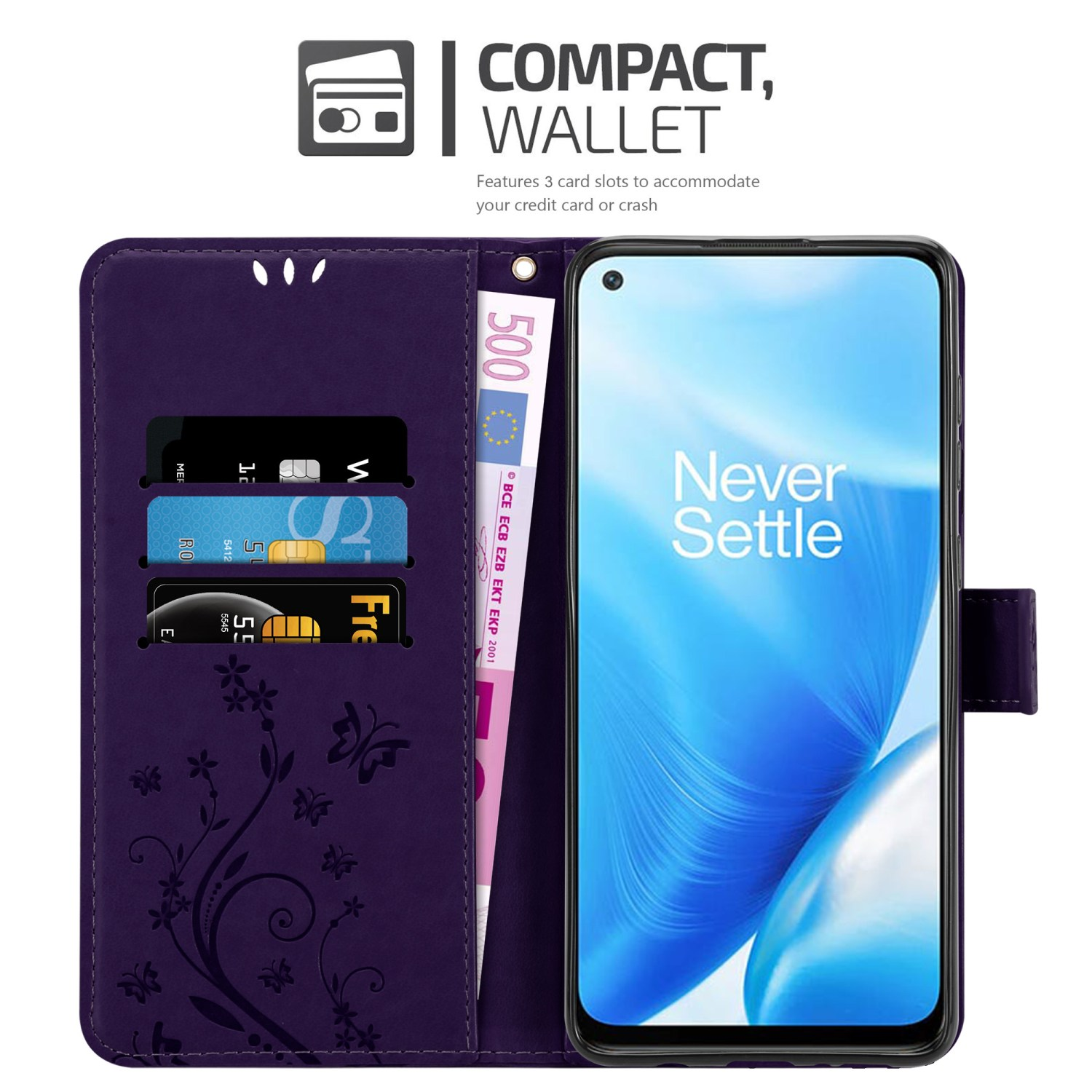 Una custodia viola per telefono è aperta, mostrando un telefono e slot per carte. Banconota da 500 euro.