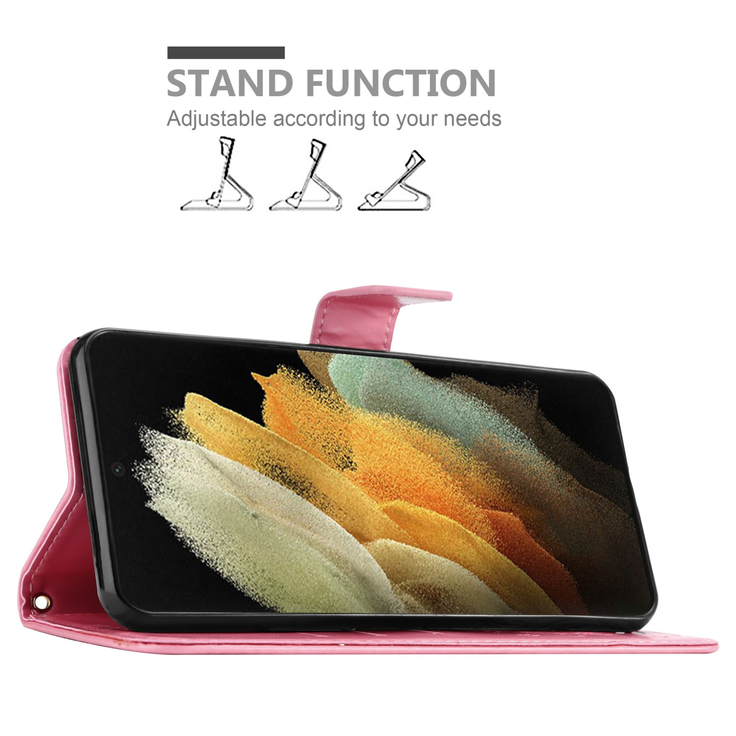 Custodia per telefono rosa con un telefono all'interno, che mostra un design astratto. Ha una funzione stand.