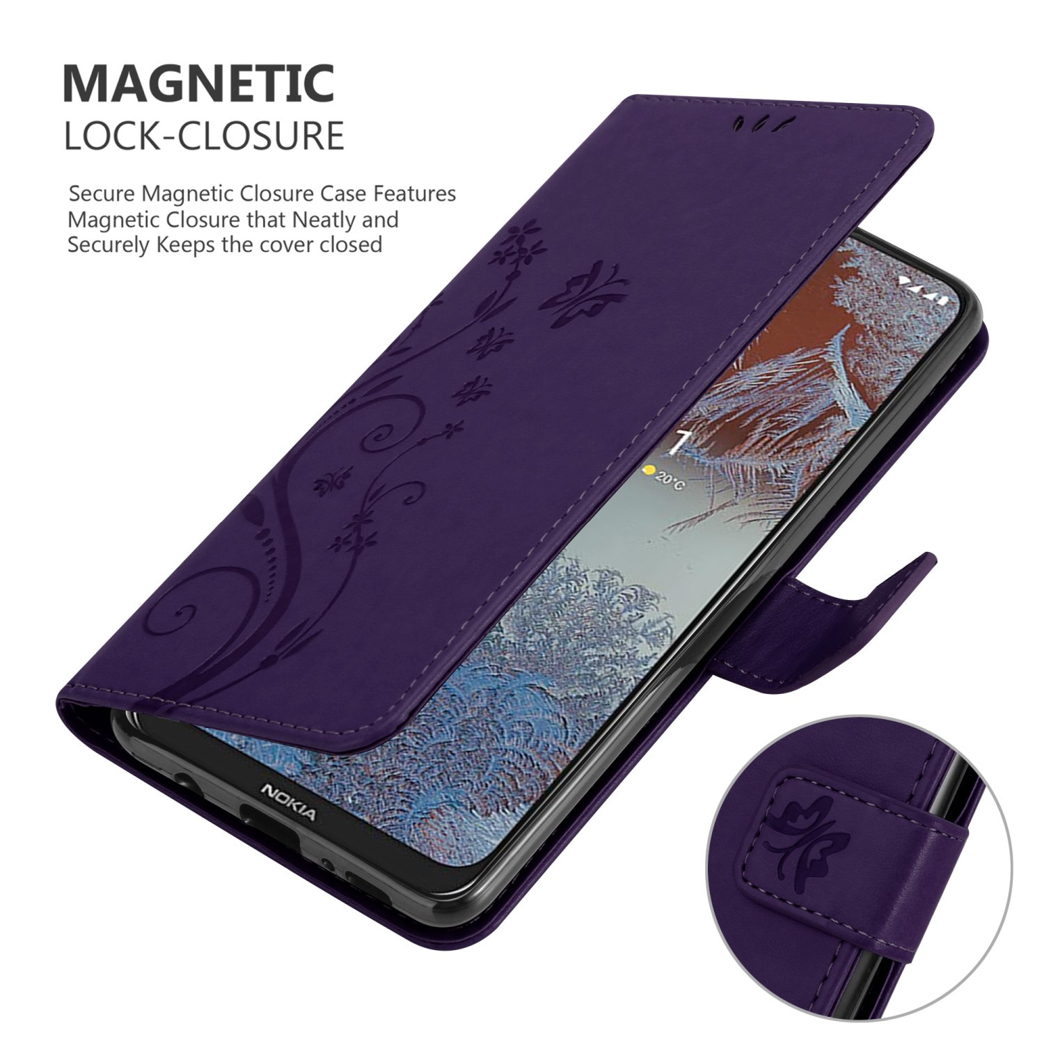 Custodia per telefono viola aperta. Design floreale, chiusura magnetica, chiusura magnetica sicura.