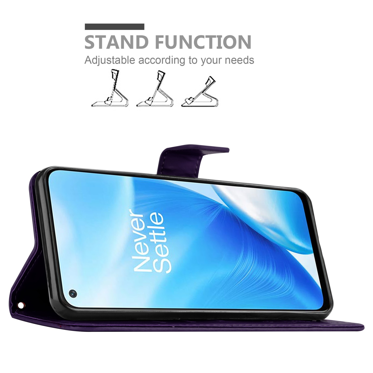 Custodia per telefono viola con funzione stand. Il telefono mostra Never Settle sullo schermo. Supporto sullo sfondo.