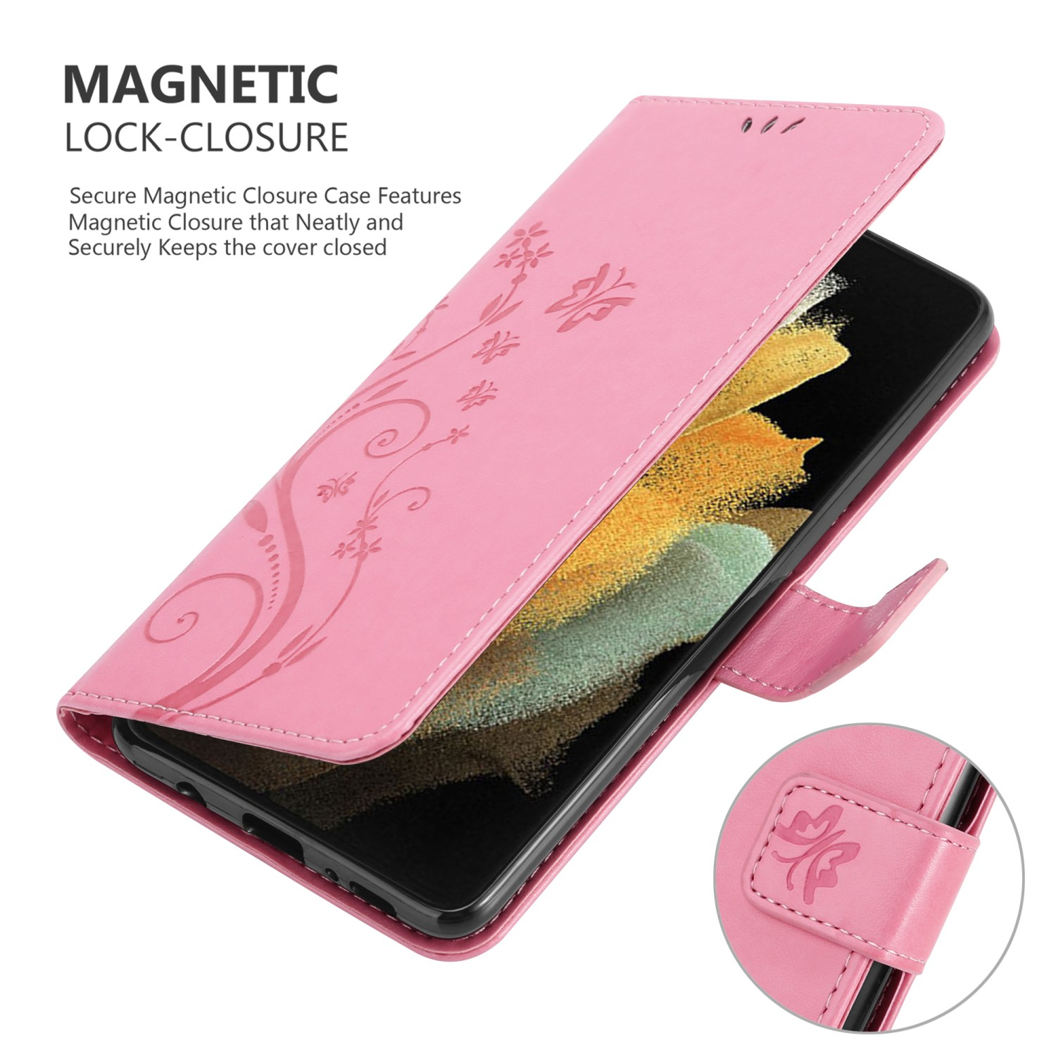 Una custodia per telefono rosa aperta con un telefono all'interno. La custodia ha disegni floreali e chiusura magnetica. Testo: Magnetico.