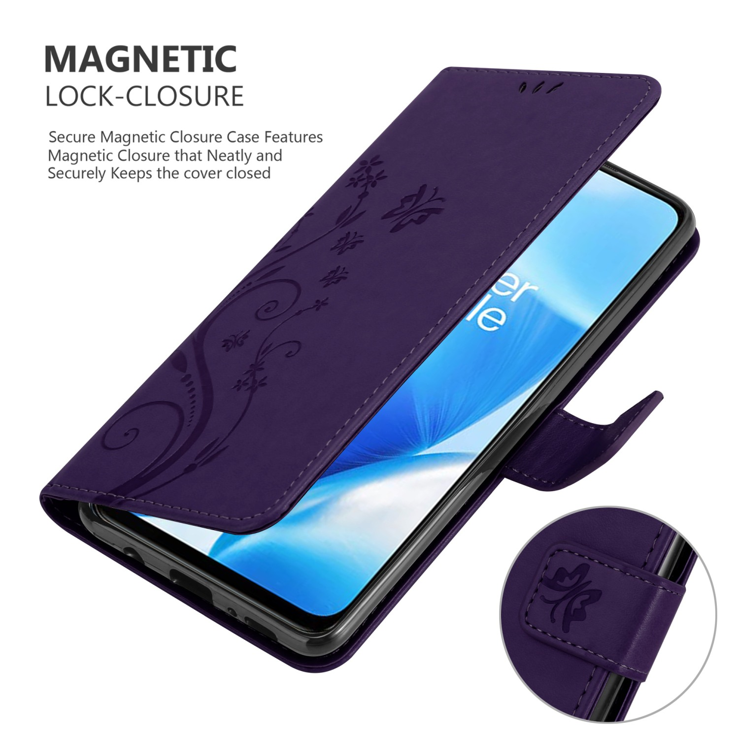 Custodia per telefono viola aperta, con un telefono all'interno.