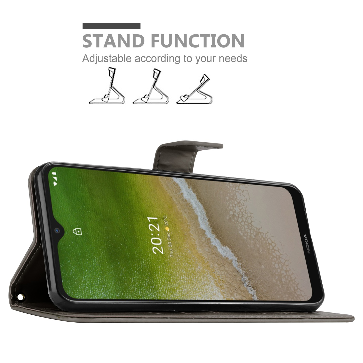 Custodia grigia aperta, che mostra un telefono in orizzontale. Funzione stand mostrata.