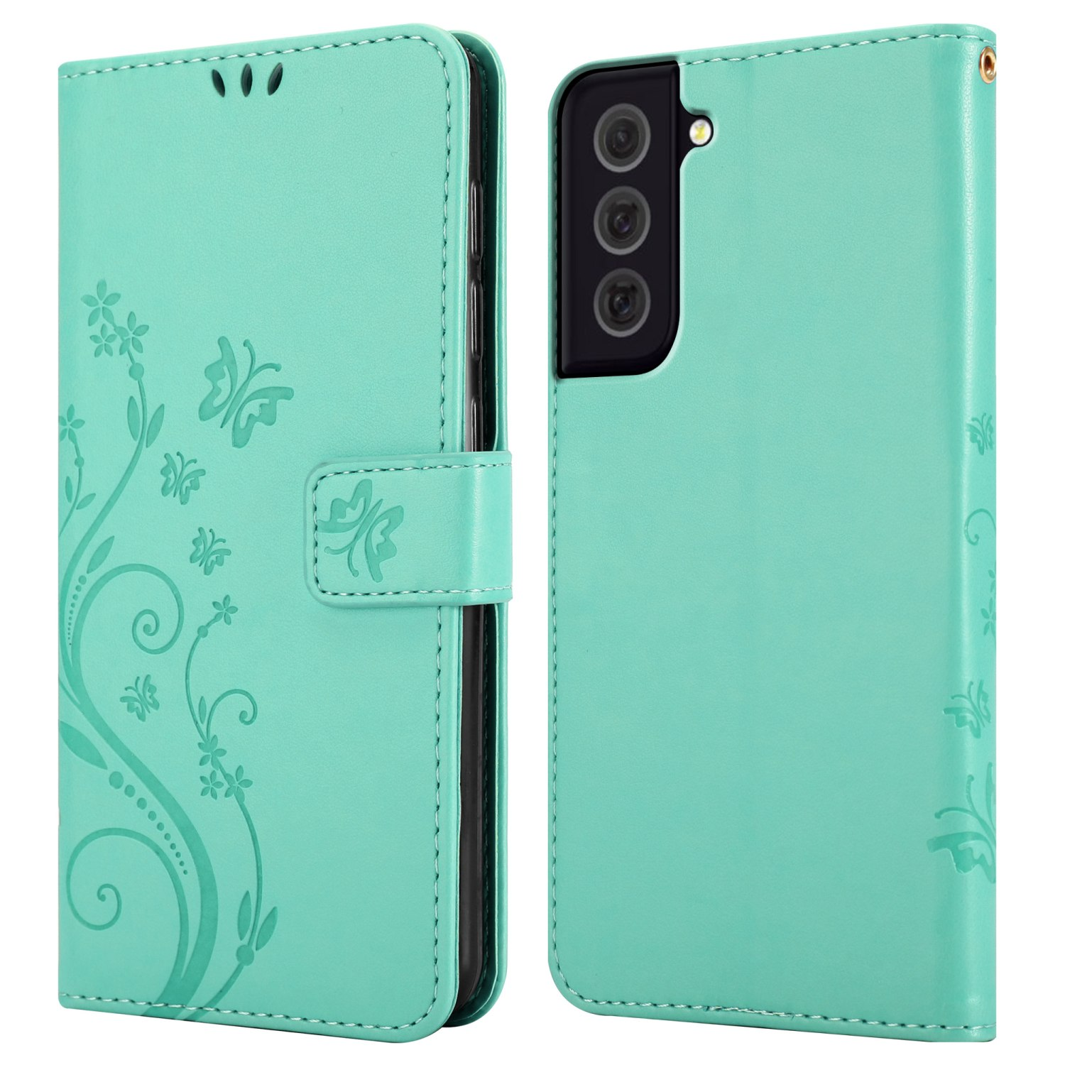 Custodia verde menta con design floreale. Sfondo bianco.