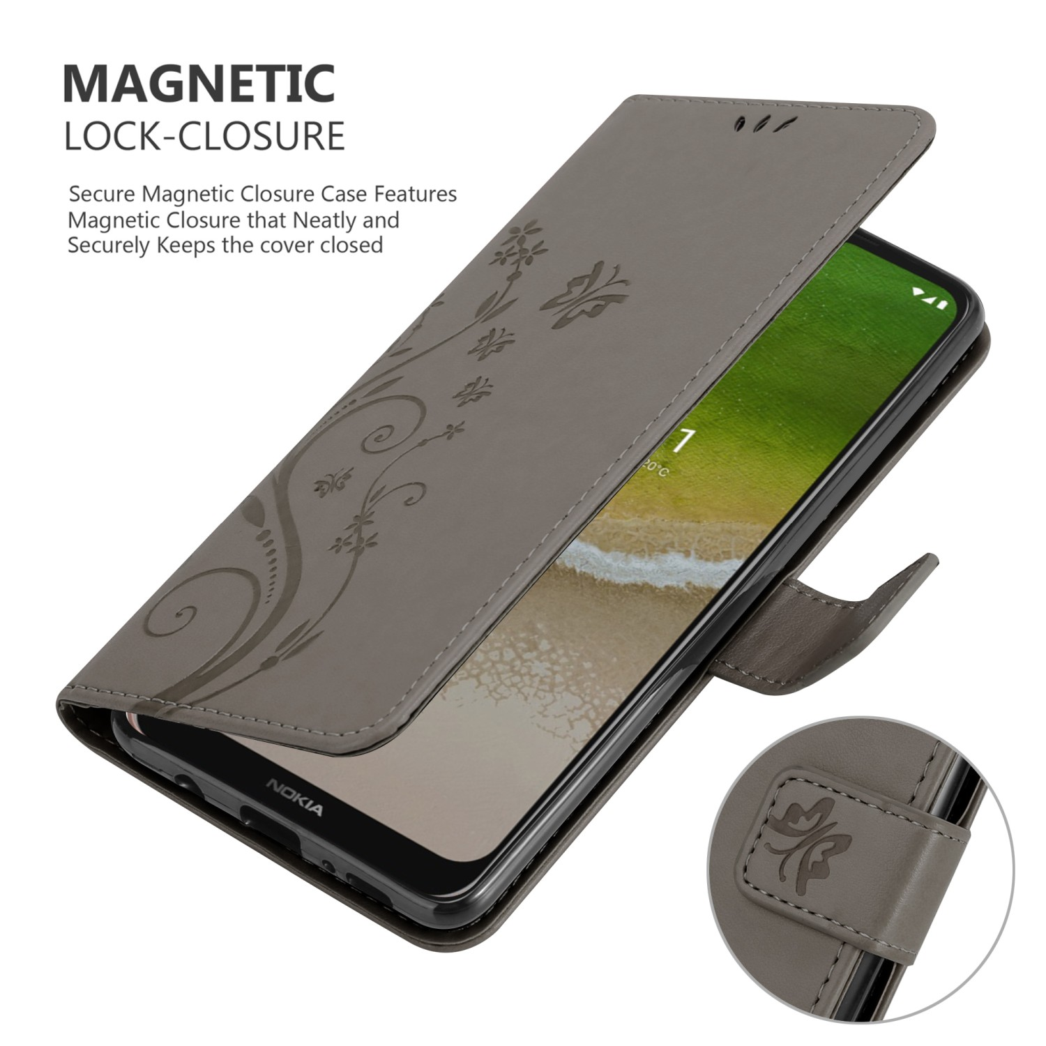Custodia per telefono grigia aperta, che mostra lo schermo del telefono. Design floreale sulla cover.