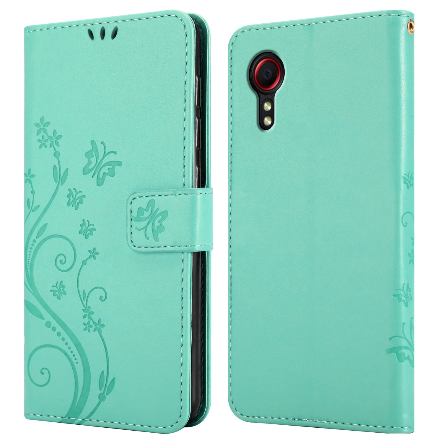Custodia del telefono, aperta, che mostra un telefono e un design floreale, in verde.