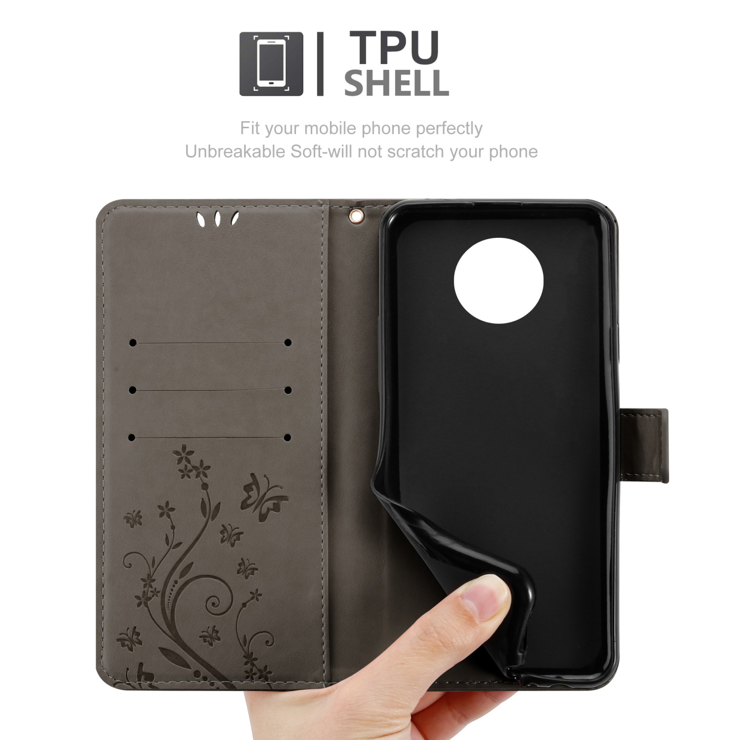 Custodia del telefono aperta con design floreale. Il telefono è dentro. La custodia è grigia con un supporto nero per telefono.
