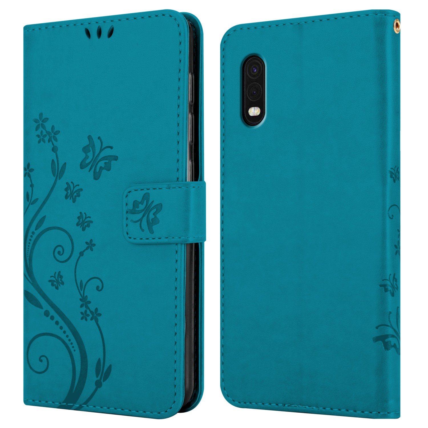 Custodia turchese aperta. Decorata con fiori e farfalle. Telefono all'interno.