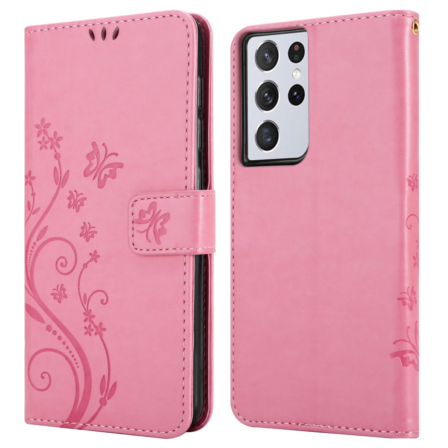 Una custodia per telefono rosa con un design floreale è mostrata aperta e chiusa. Il telefono all'interno è visibile.