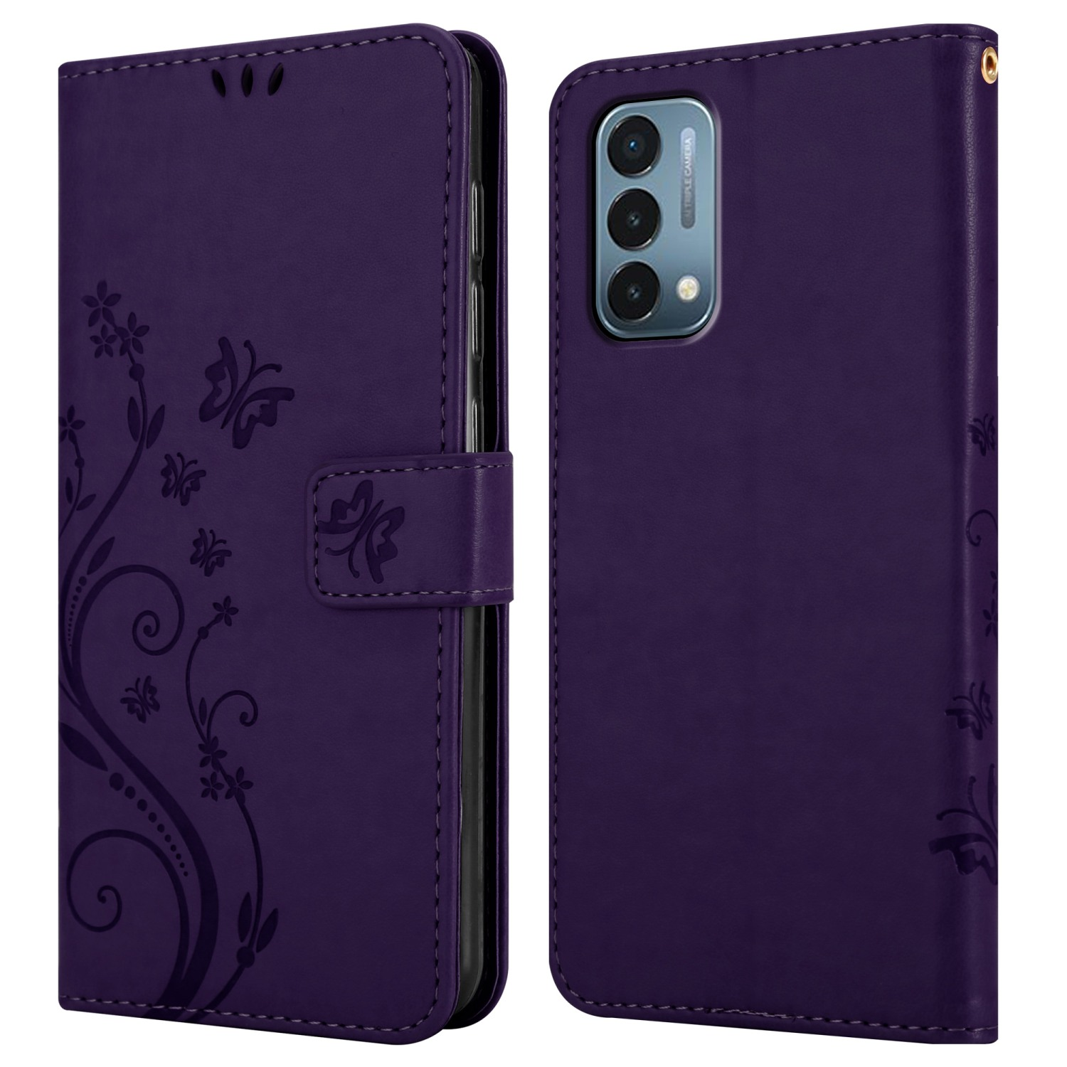 Custodia viola, due viste. Una chiusa, una aperta. Design floreale sulla cover, tripla fotocamera.