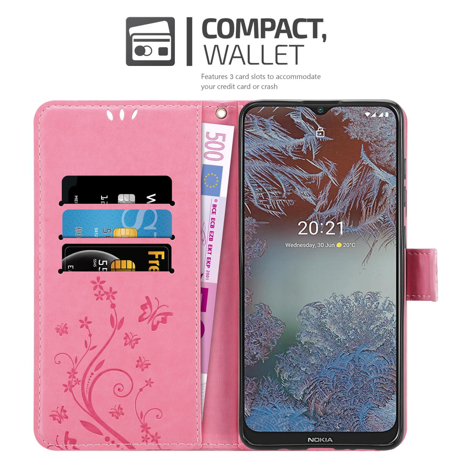 Custodia a portafoglio rosa, aperta, con carte e contanti all'interno. Testo: COMPATTO, PORTAFOGLIO, Dispone di 3 slot per carte.