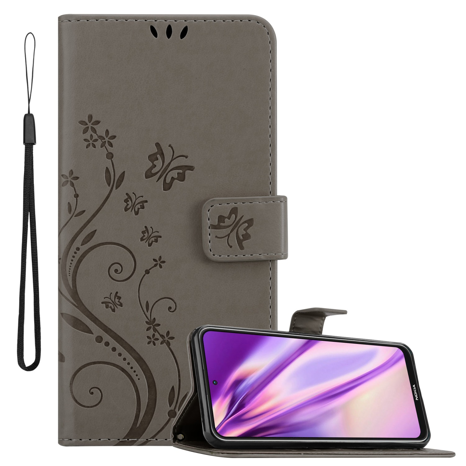 Graue Handyhülle mit Schmetterlingsdesign, Telefon darin. Handschlaufe auf der linken Seite.