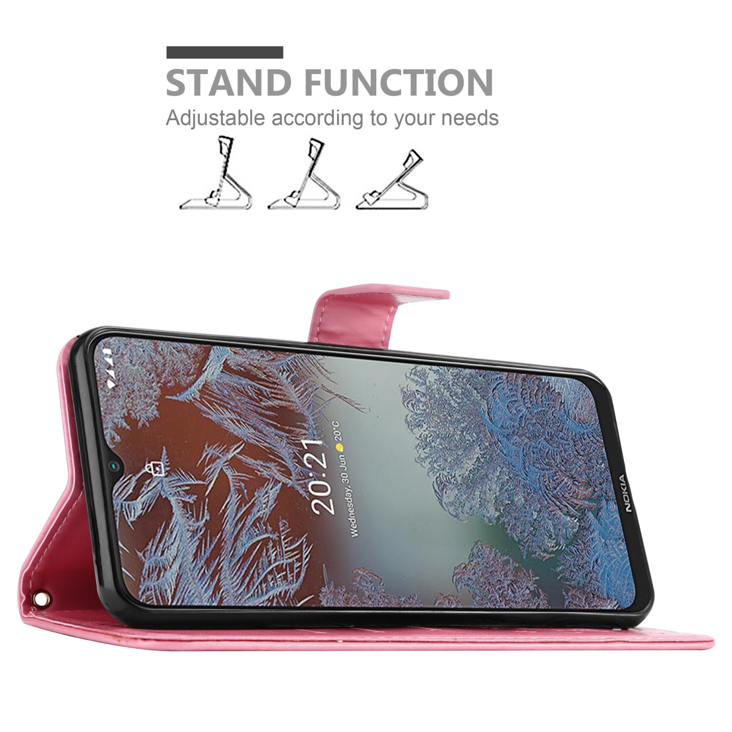 Custodia per telefono rosa con telefono all'interno su un tavolo. Funzione supporto visibile.