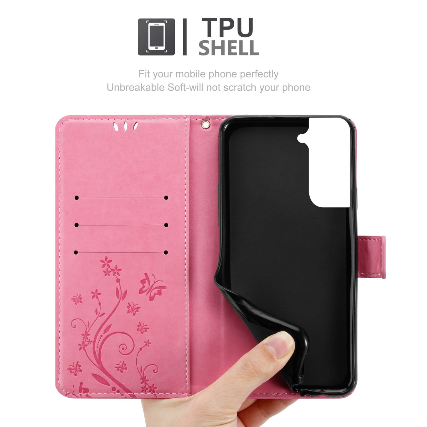 Custodia rosa aperta, che mostra l'interno con un motivo floreale. Una mano tiene il telefono.