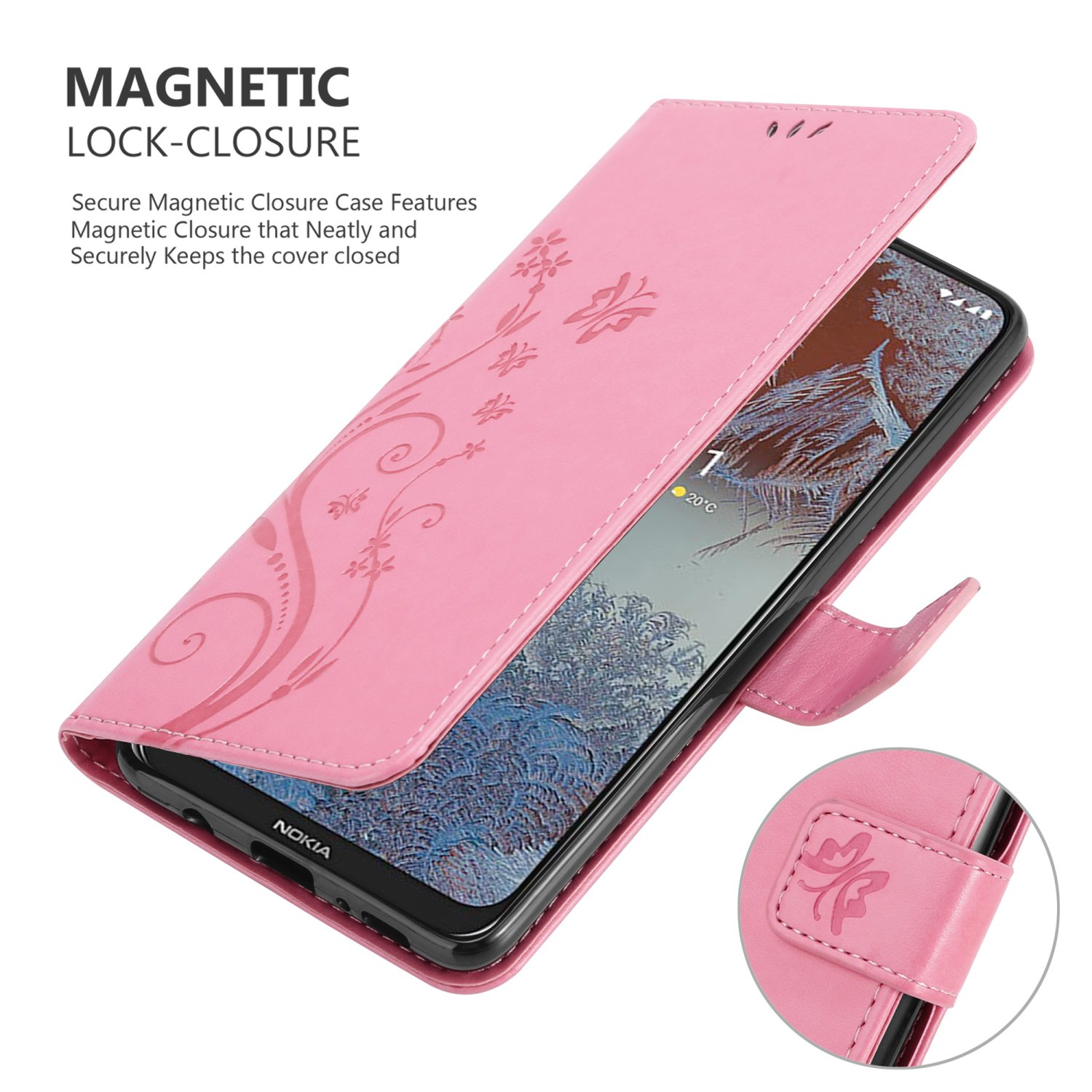 Una custodia per telefono rosa con un design floreale, aperta per rivelare un telefono. C'è una chiusura magnetica.