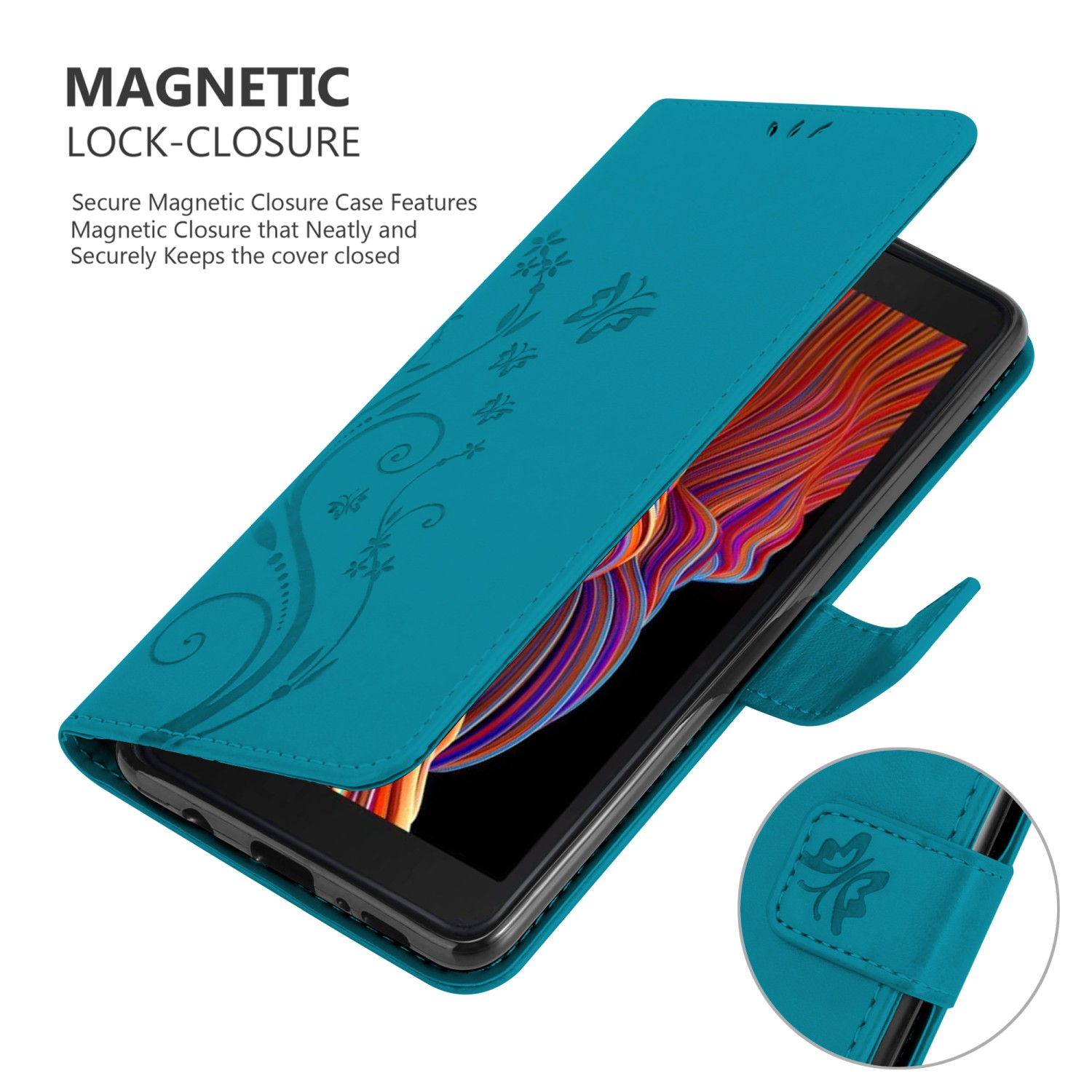 Custodia per telefono turchese con design floreale, aperta. Un telefono è visibile. Chiusura magnetica.
