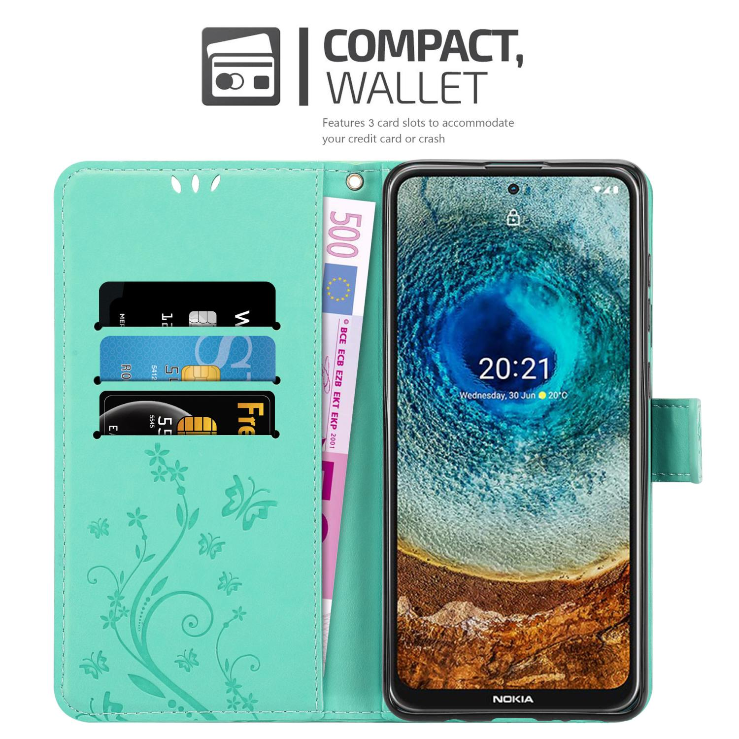 Custodia a portafoglio turchese, carte, denaro, telefono, portafoglio compatto, design floreale.