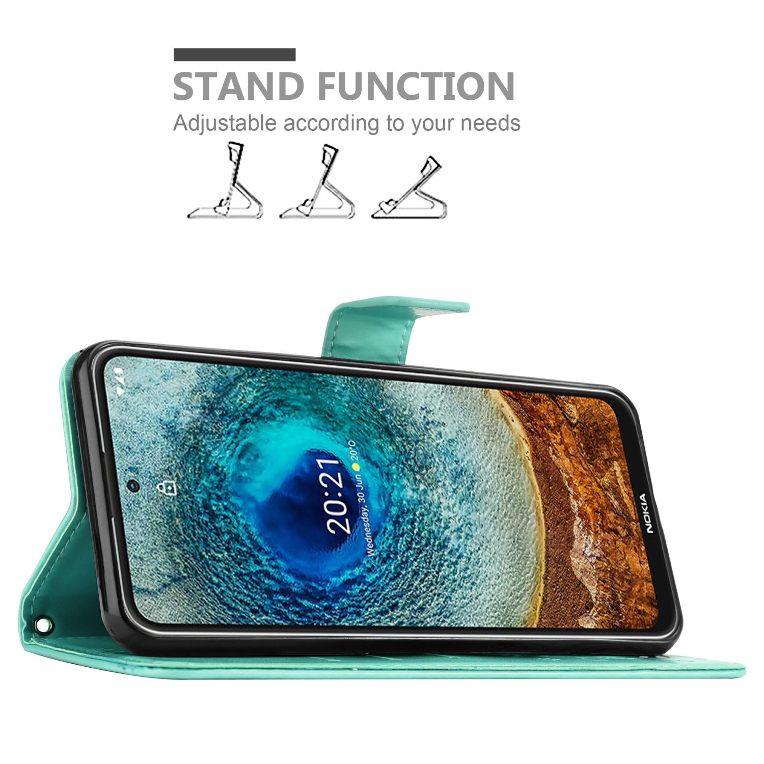 Una custodia per telefono verde acqua con un telefono, con una funzione di supporto regolabile.