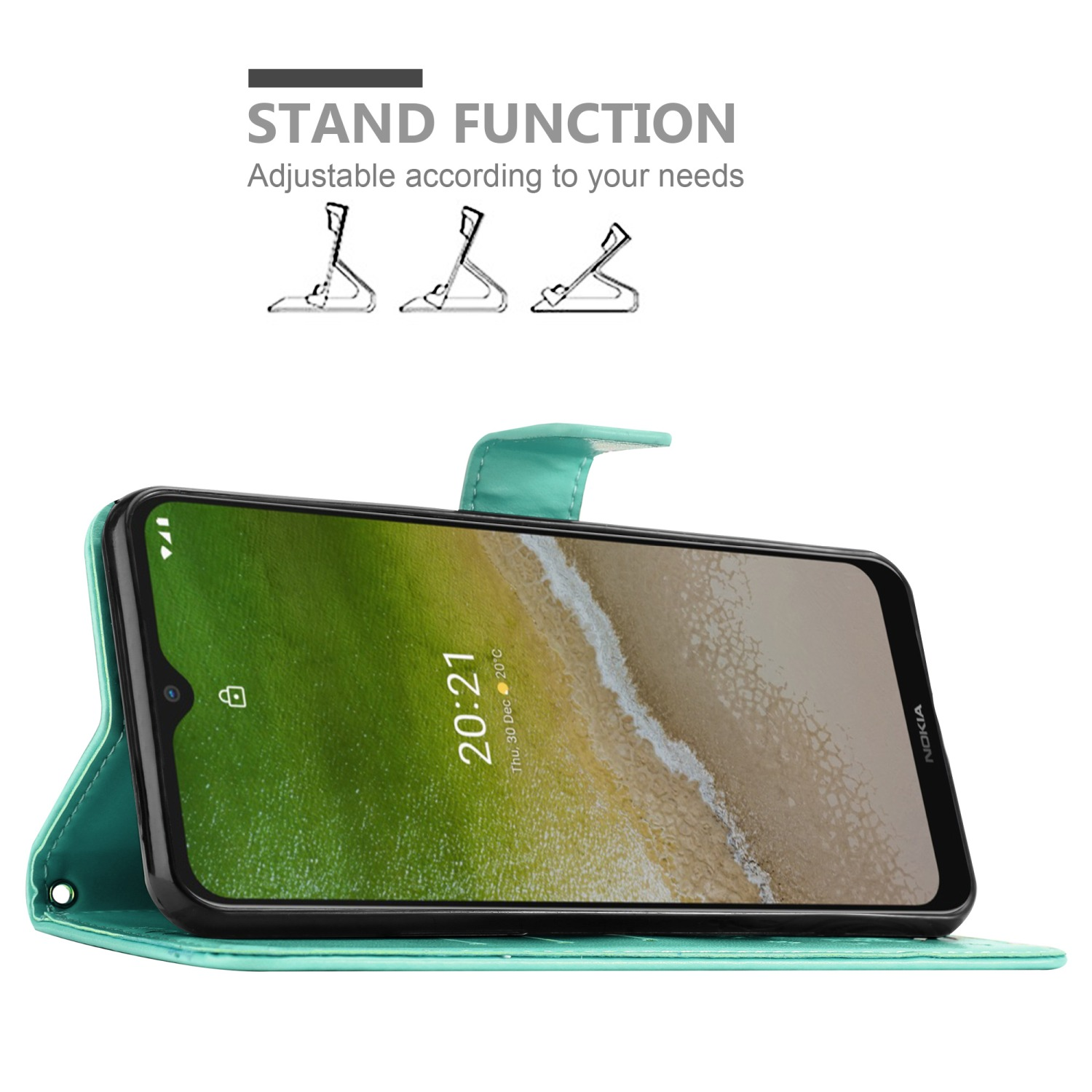 Custodia per telefono verde acqua con funzione stand, che mostra il telefono con l'ora sullo schermo, su sfondo bianco.