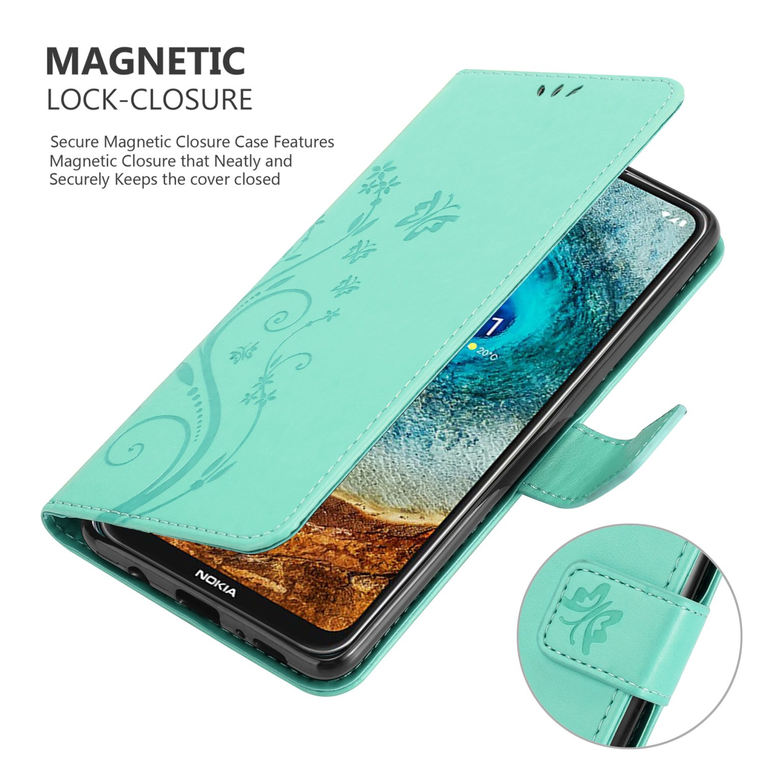 Custodia verde aperta, che mostra un telefono Nokia. La custodia ha un design floreale e una chiusura magnetica.