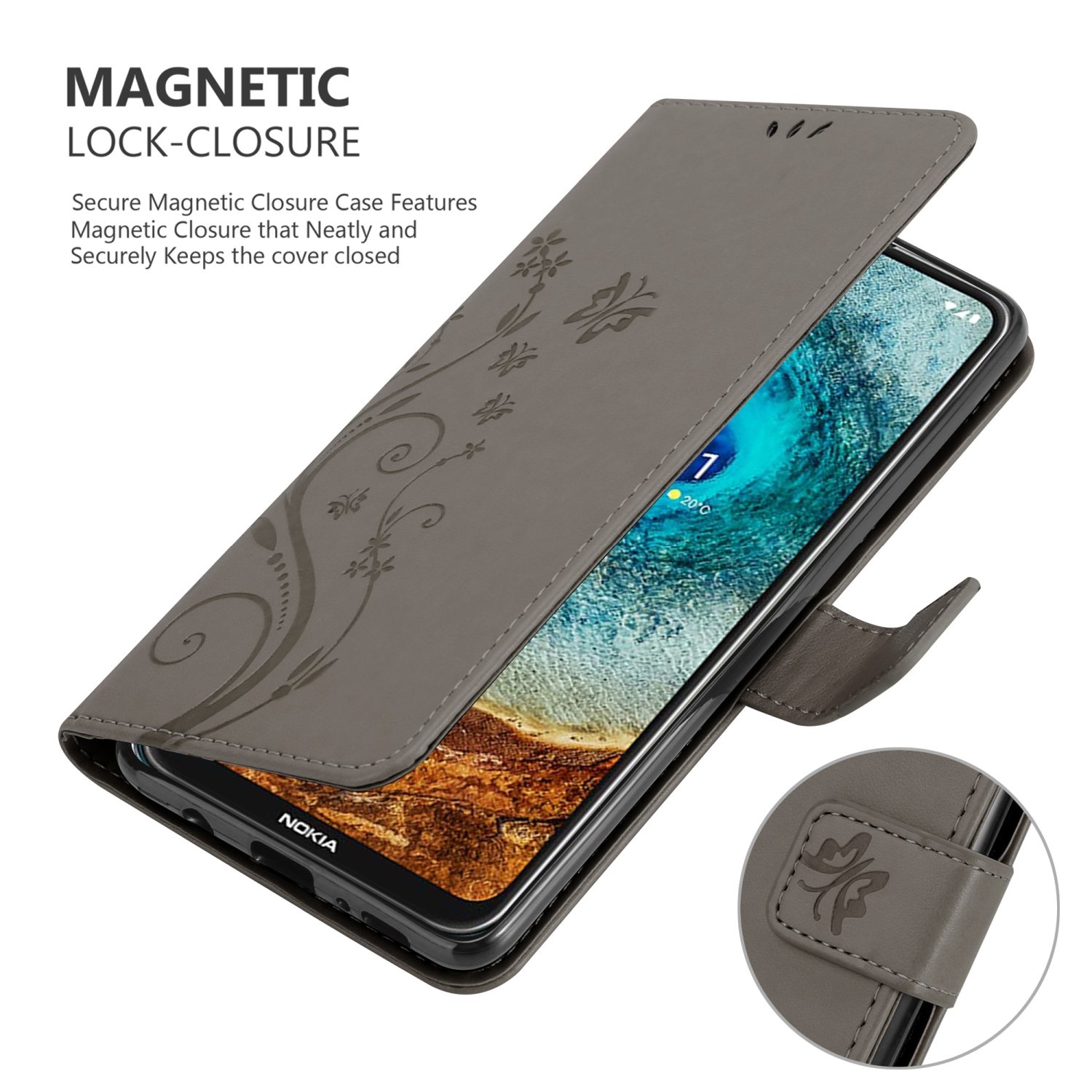 Graue Handyhülle offen, enthüllt ein Telefon. Blumendesign auf dem Cover und Verschluss.