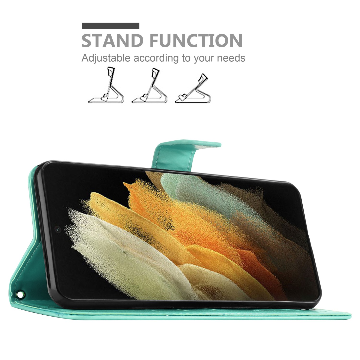 Custodia per telefono verde acqua con telefono all'interno. Sono mostrate le funzioni del supporto. Lo schermo mostra un design.