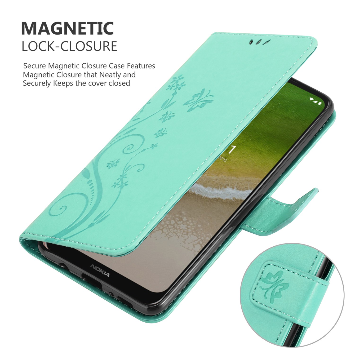 Una custodia per telefono verde acqua aperta, che mostra un telefono con un design floreale e una chiusura magnetica, su sfondo bianco.