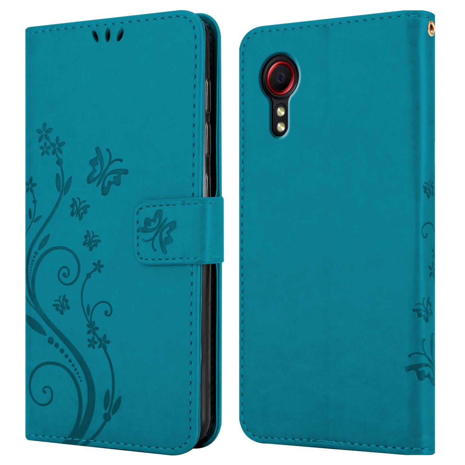 Custodia per telefono color verde acqua. La custodia ha un design floreale e ritagli a farfalla. La custodia è aperta.