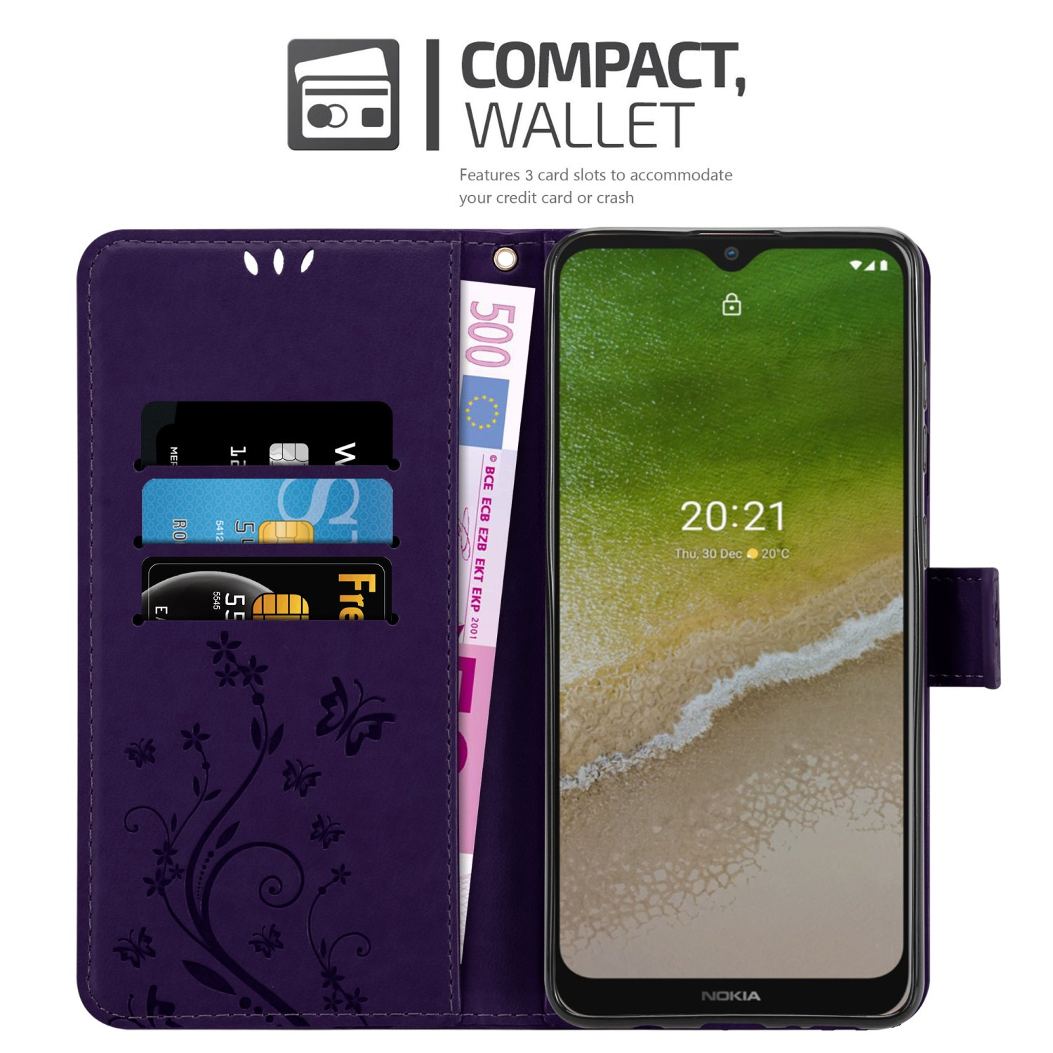 Custodia viola con slot per carte e scomparto per banconote. Il telefono mostra l'ora.