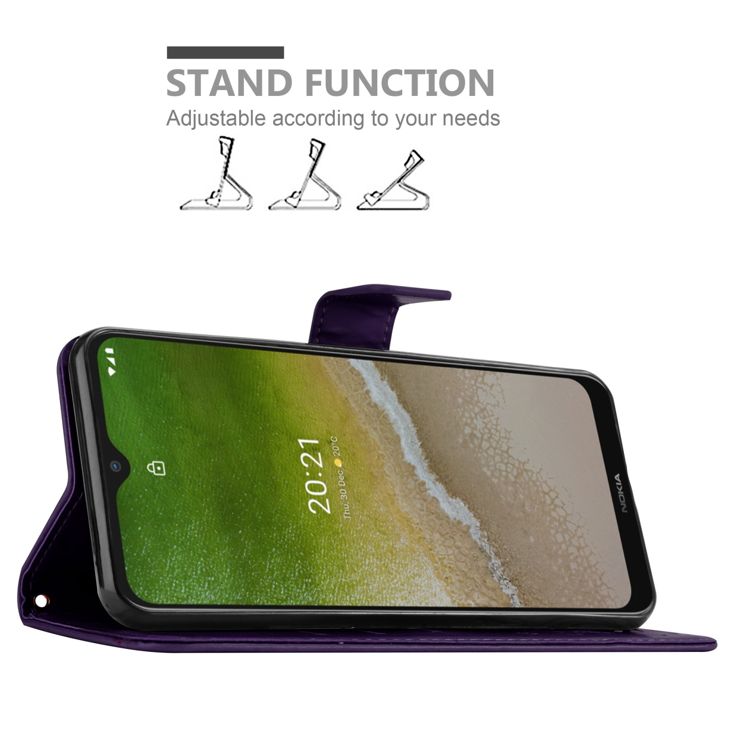 Custodia per telefono viola con telefono dentro, funzione stand e testo sopra.