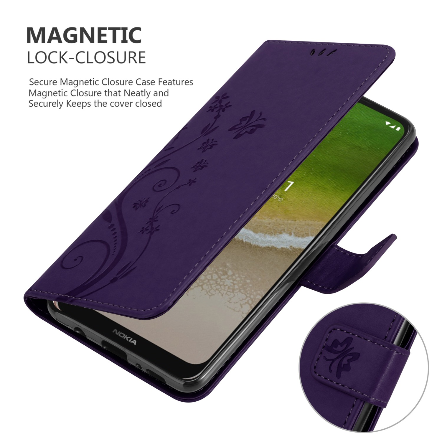Custodia per telefono viola con design floreale, aperta che mostra lo schermo del telefono. Testo: Chiusura magnetica.