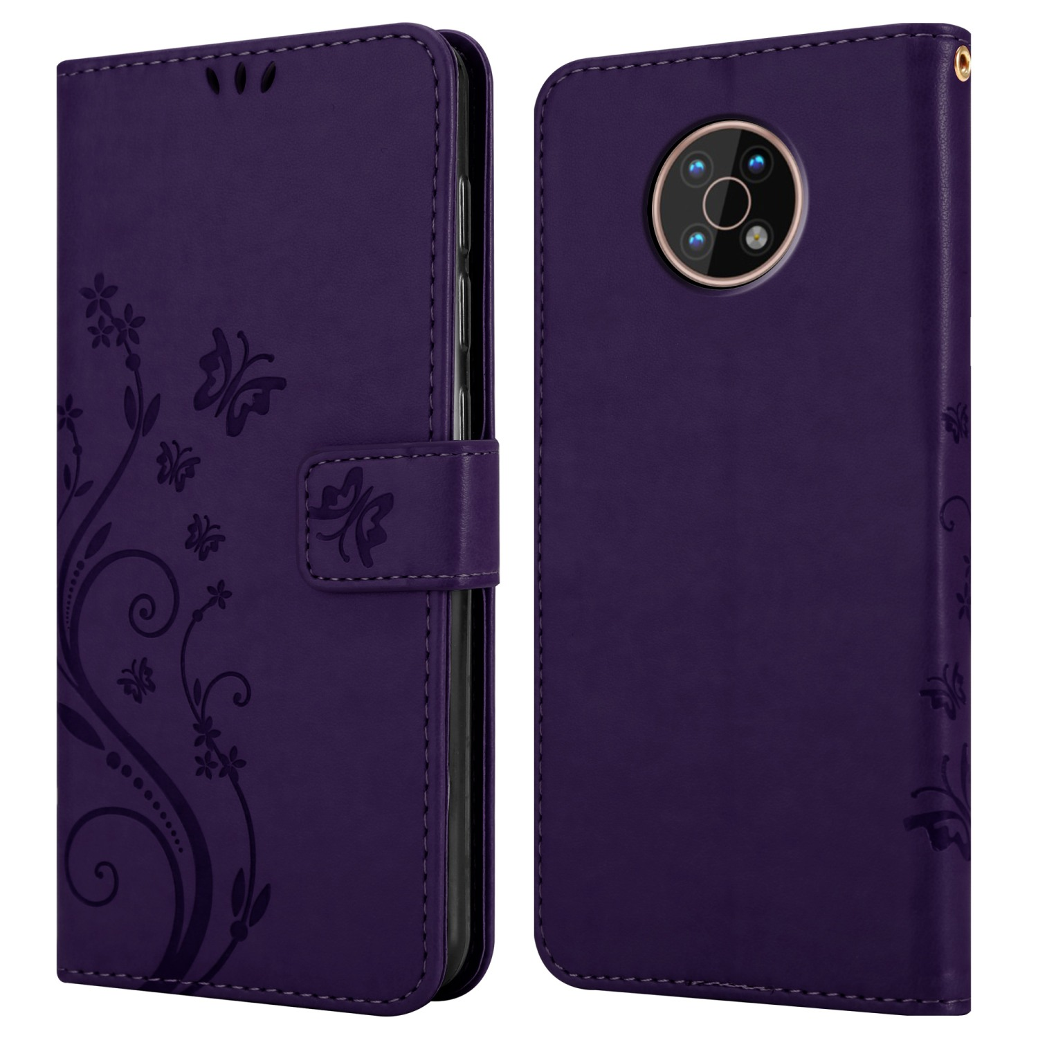 Custodia viola per telefono con design floreale. È chiusa e mostra un telefono.