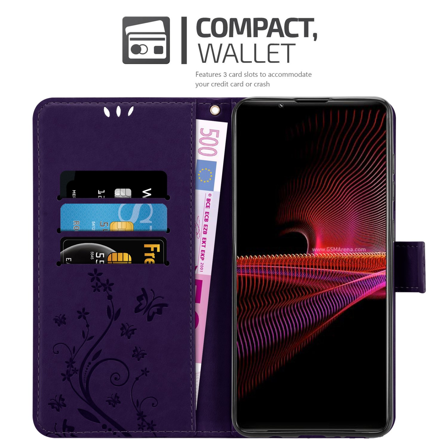 Custodia a portafoglio per telefono viola con carte e banconota da 500 euro, telefono con schermo rosso e viola.