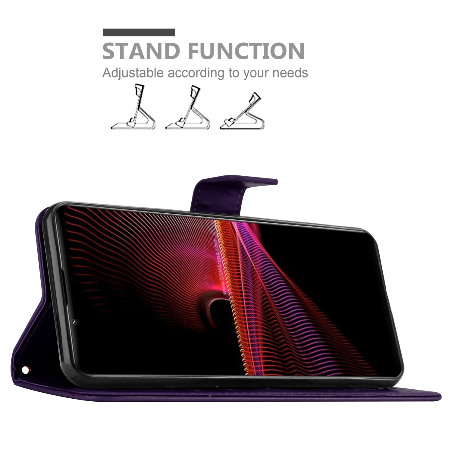 Custodia per telefono viola con telefono. Funzione stand con angoli regolabili. Il telefono mostra un design astratto.