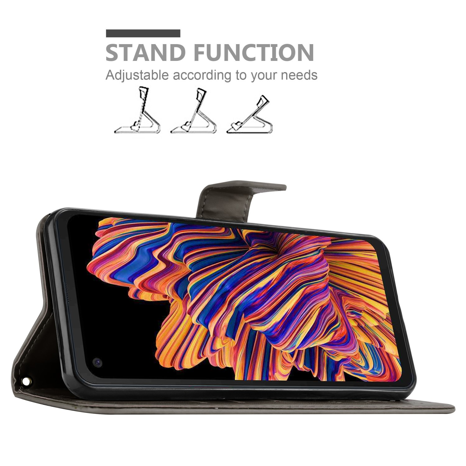 Custodia per telefono con funzione supporto, aperta, con telefono. Schermo colorato, supporto visibile.