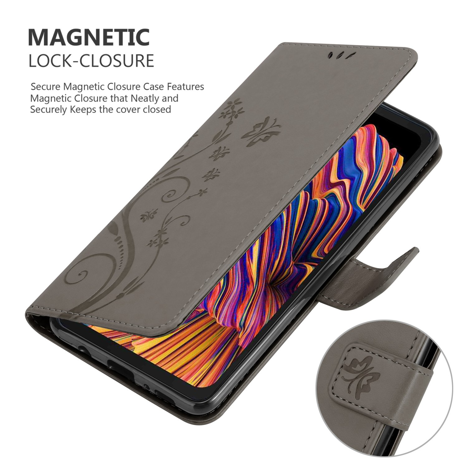 Custodia grigia per telefono aperta, che mostra il telefono. Testo: Caratteristiche di chiusura magnetica.