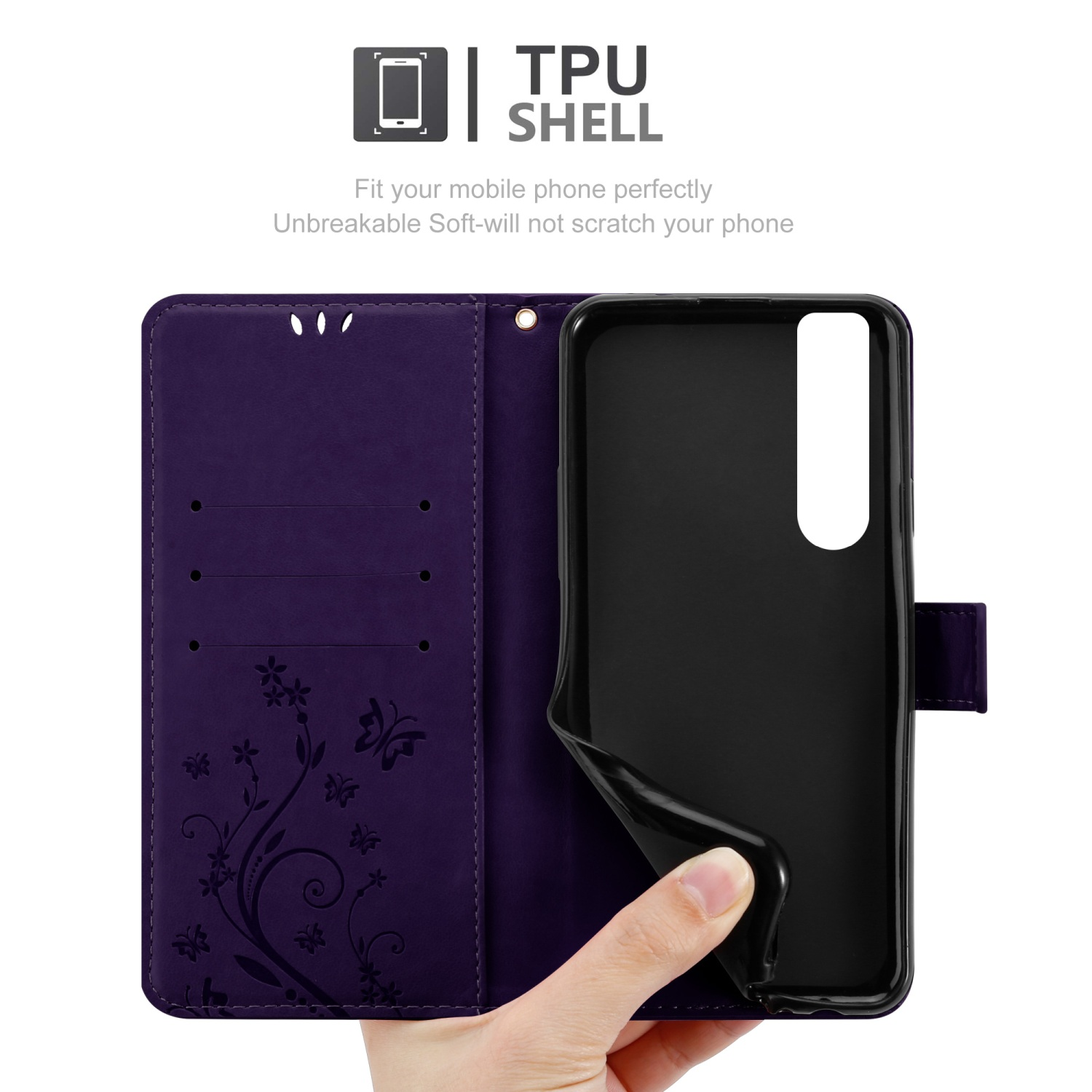 Custodia per telefono viola aperta per rivelare il telefono. La custodia ha un design floreale. Testo TPU SHELL.