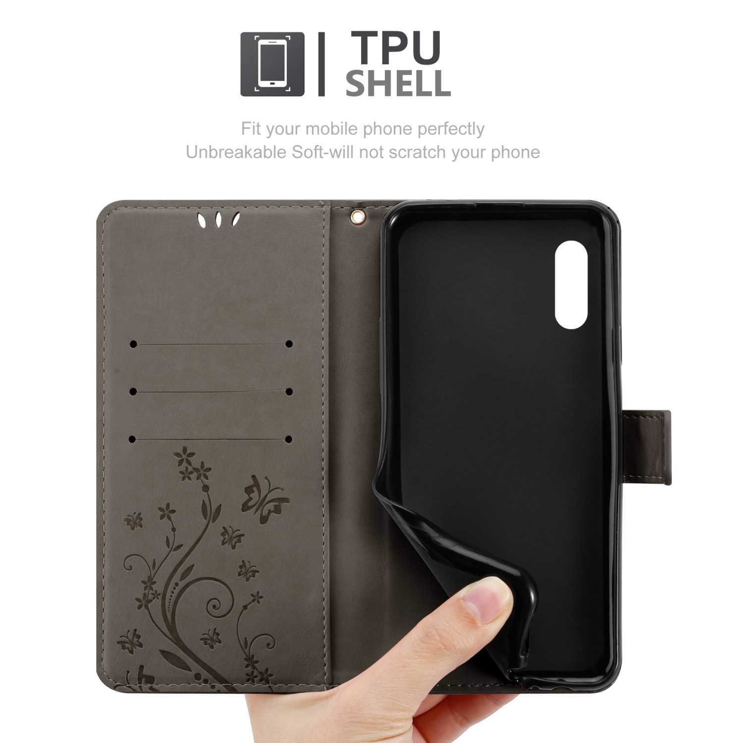 Custodia per telefono aperta, che mostra l'interno. Ha fessure per carte e un design floreale. Testo: guscio in TPU.