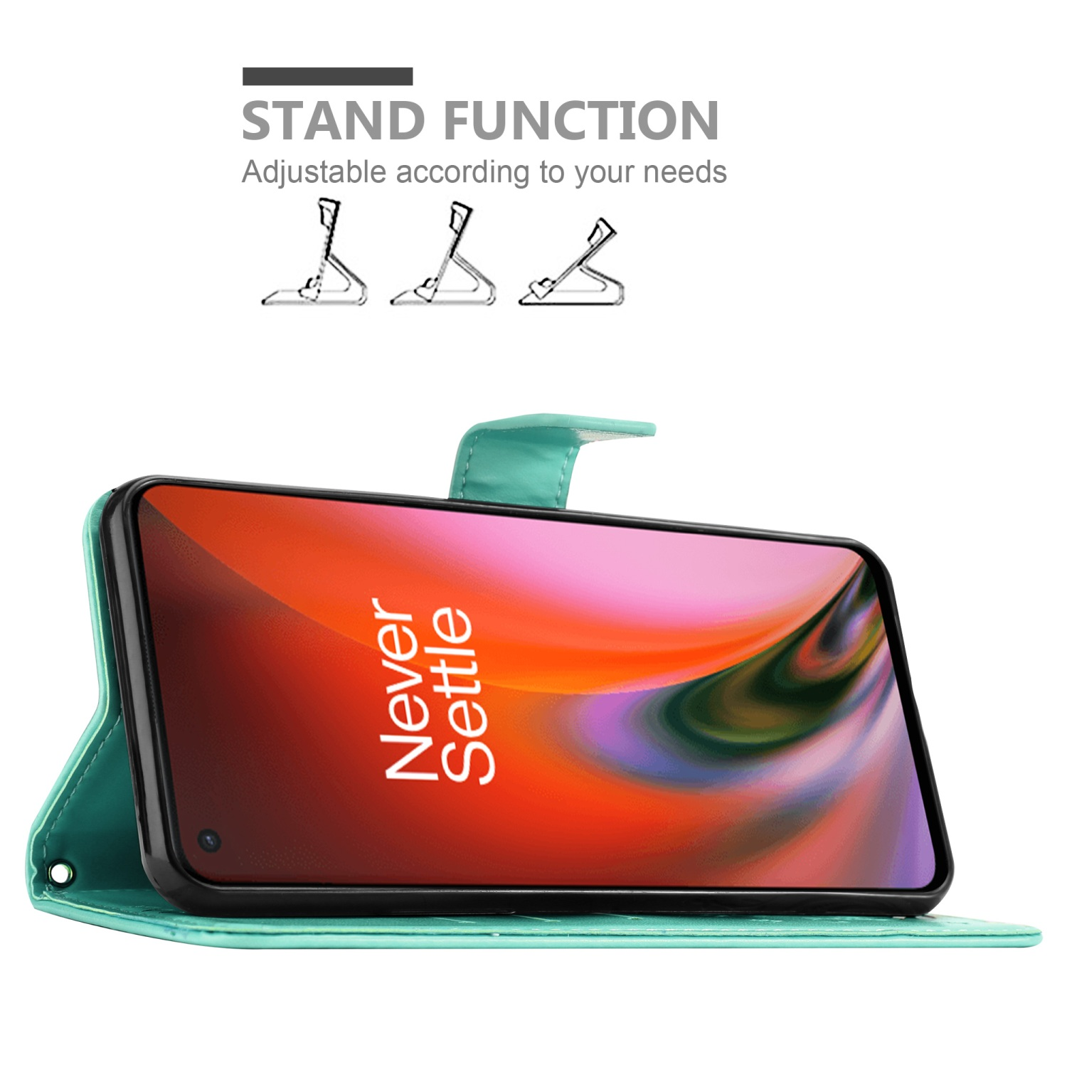 Custodia per telefono verde acqua con telefono che mostra 'Never Settle'. Diagrammi delle posizioni in alto.