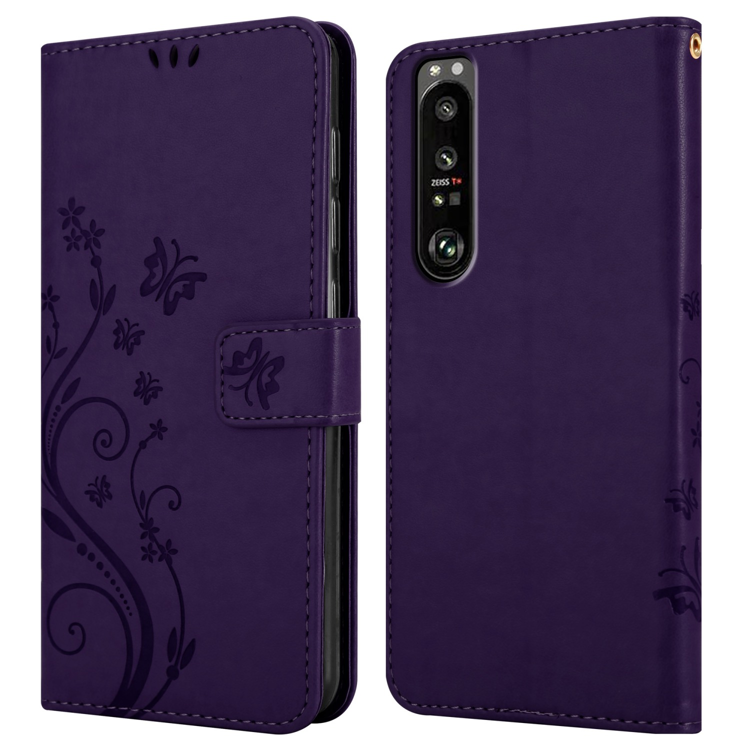 Custodia viola con design a farfalla, aperta e chiusa. Presenta tripla fotocamera.