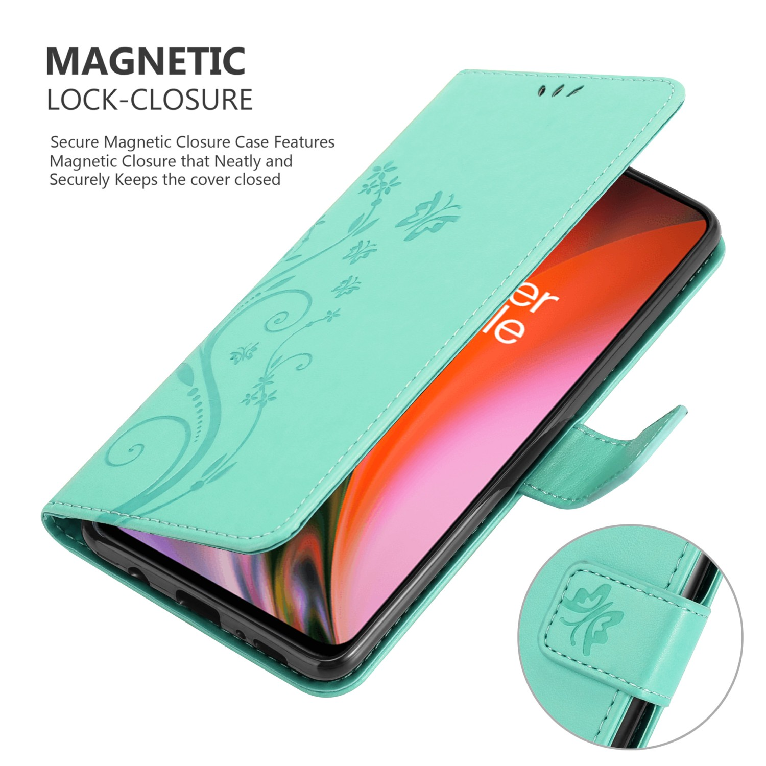 Custodia per telefono verde con design floreale, aperta. Lo schermo del telefono è visibile.