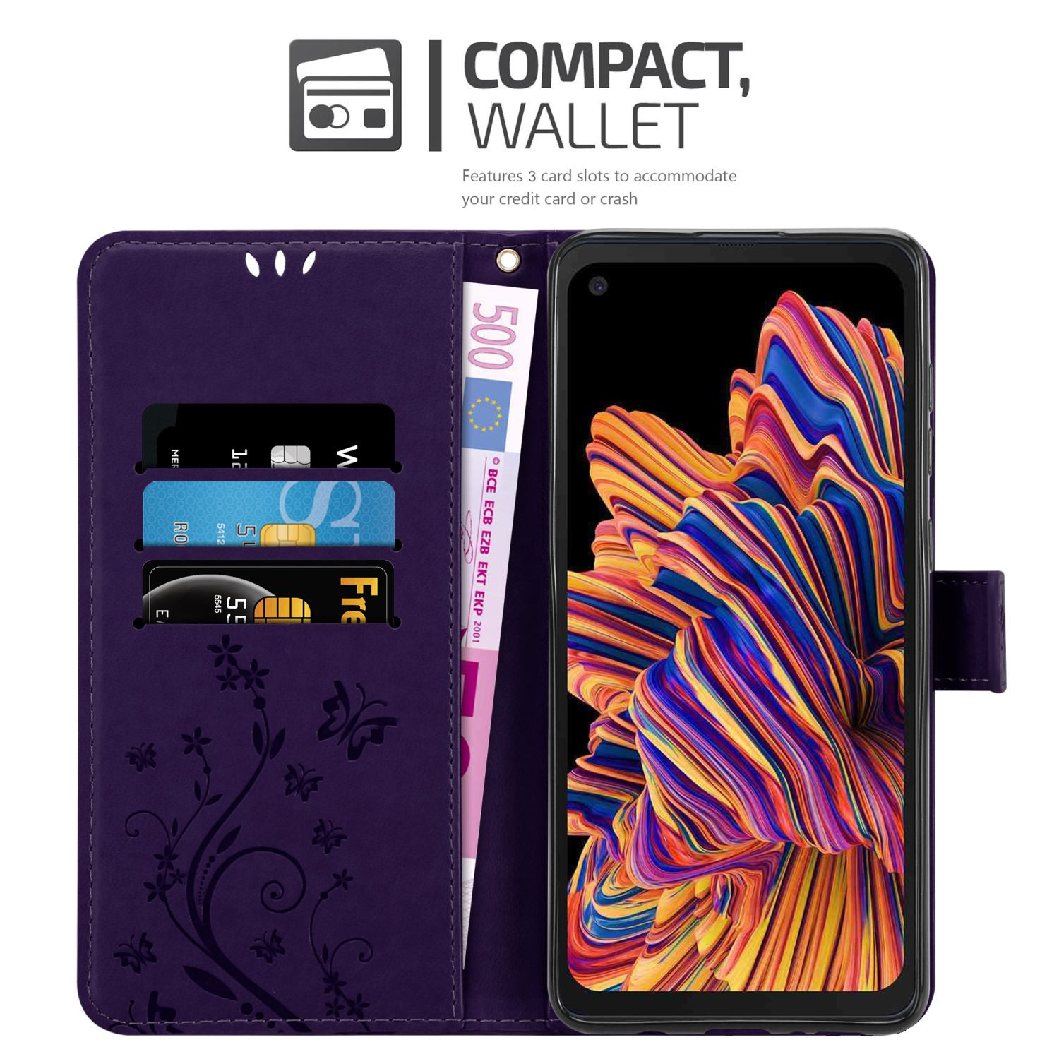 Custodia del telefono aperta, carte, denaro e telefono visibili. Custodia viola, design floreale.