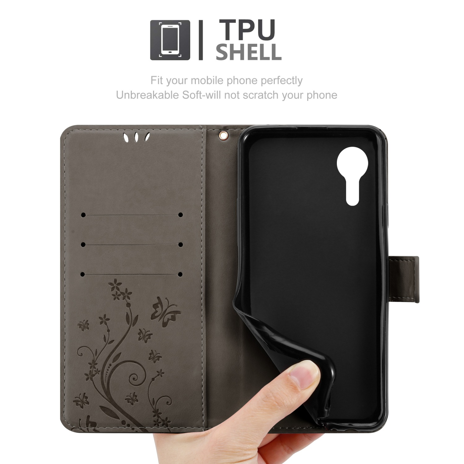 Custodia grigia per telefono, che mostra l'interno con fessure per carte e una mano che tiene il telefono.
