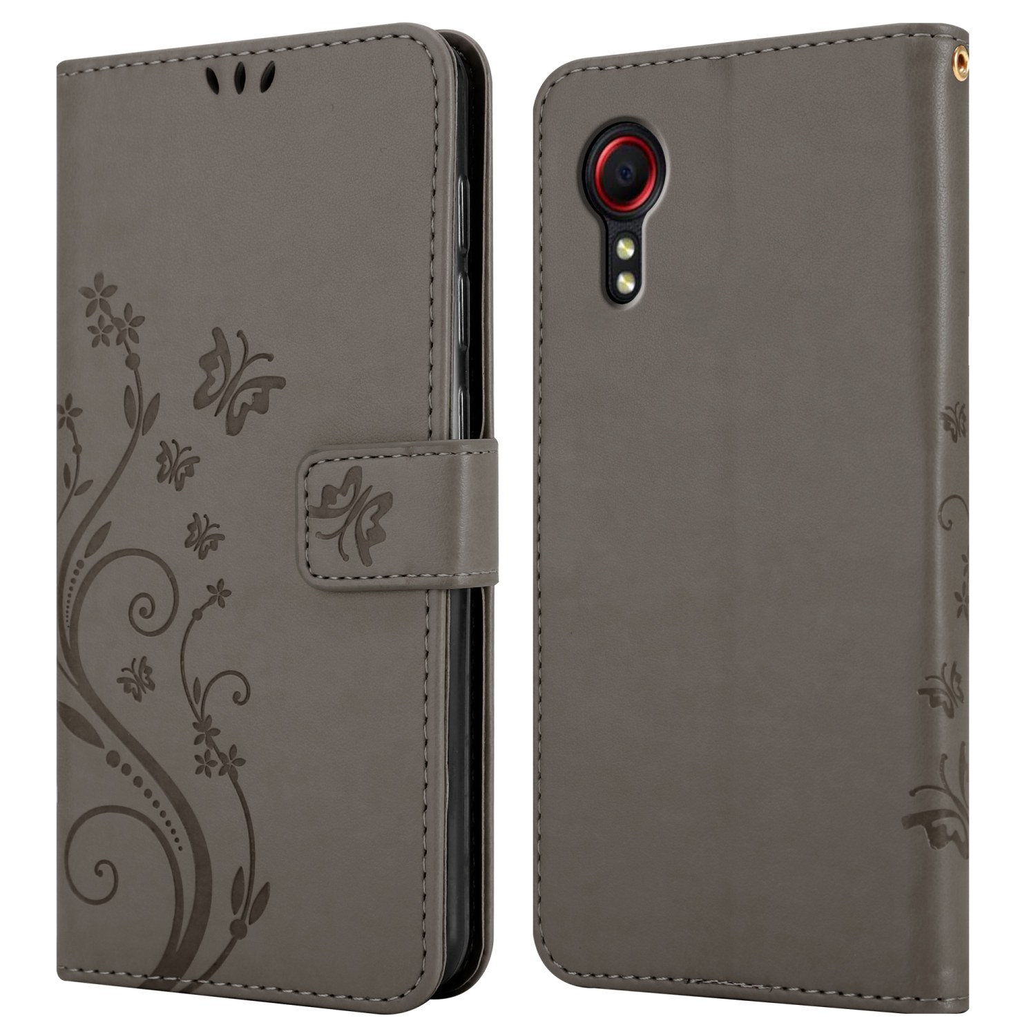 Custodia grigia per telefono con un design floreale. La custodia ha un'apertura per la fotocamera.