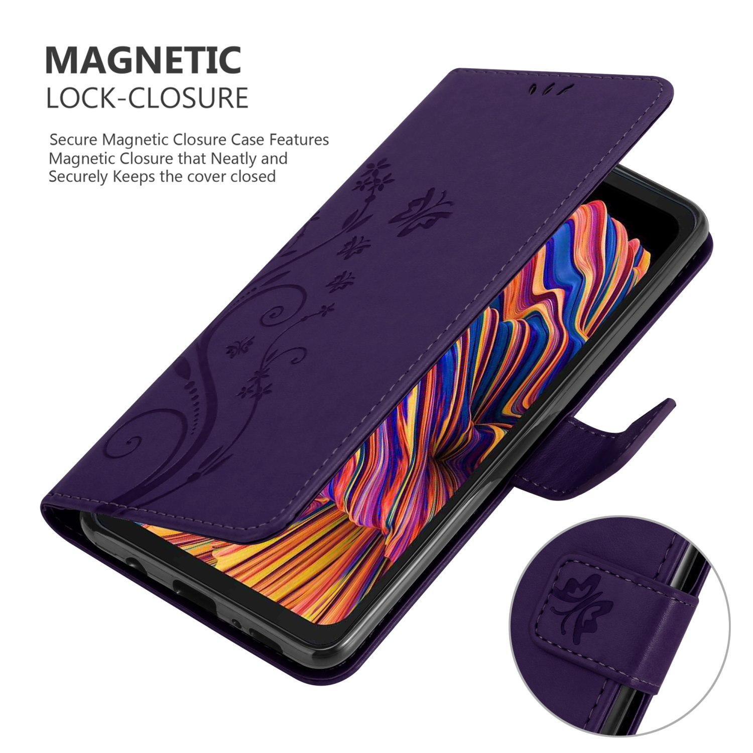 Custodia per telefono viola con design floreale, il telefono all'interno è visibile e aperto.