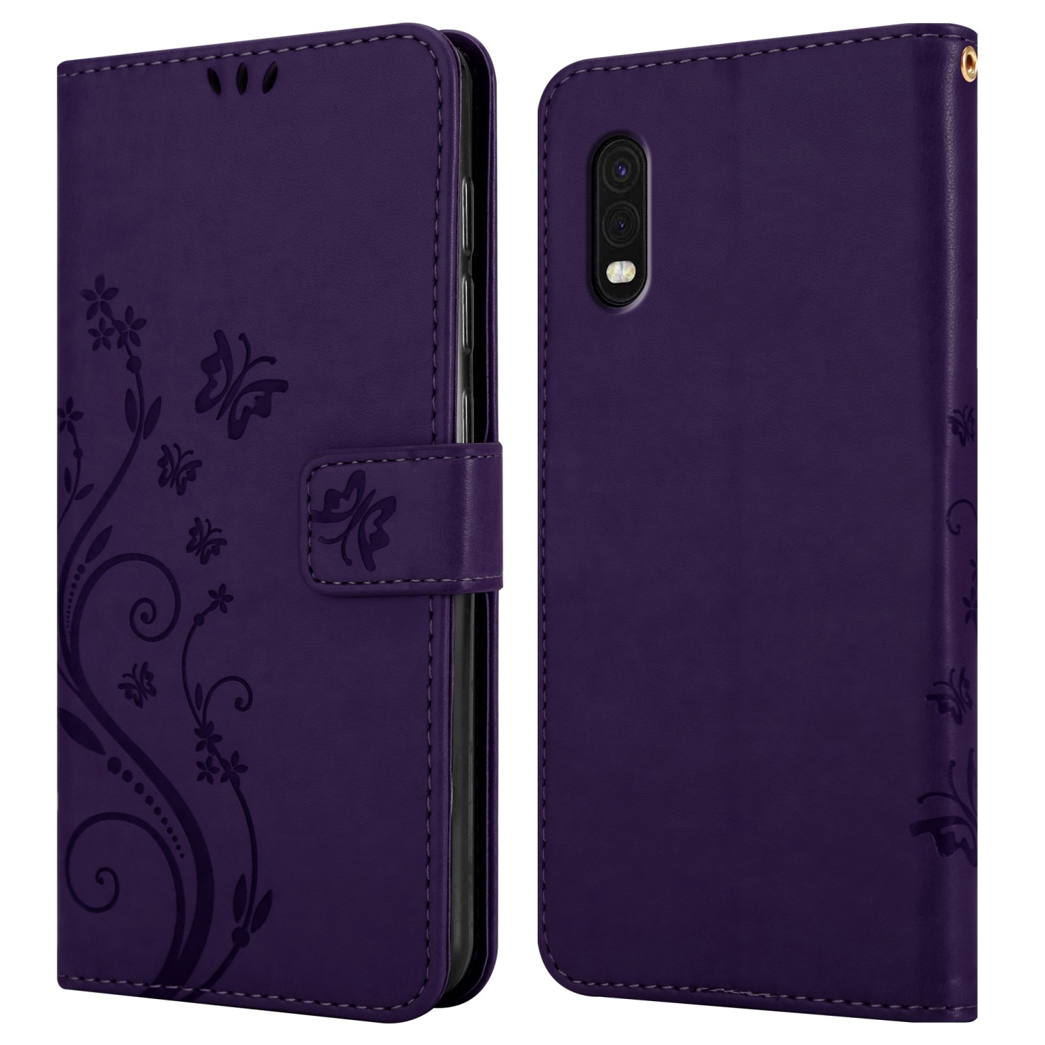 Custodia per telefono in pelle viola, aperta per mostrare il telefono. Design floreale sul lato sinistro. Vista anteriore e posteriore.