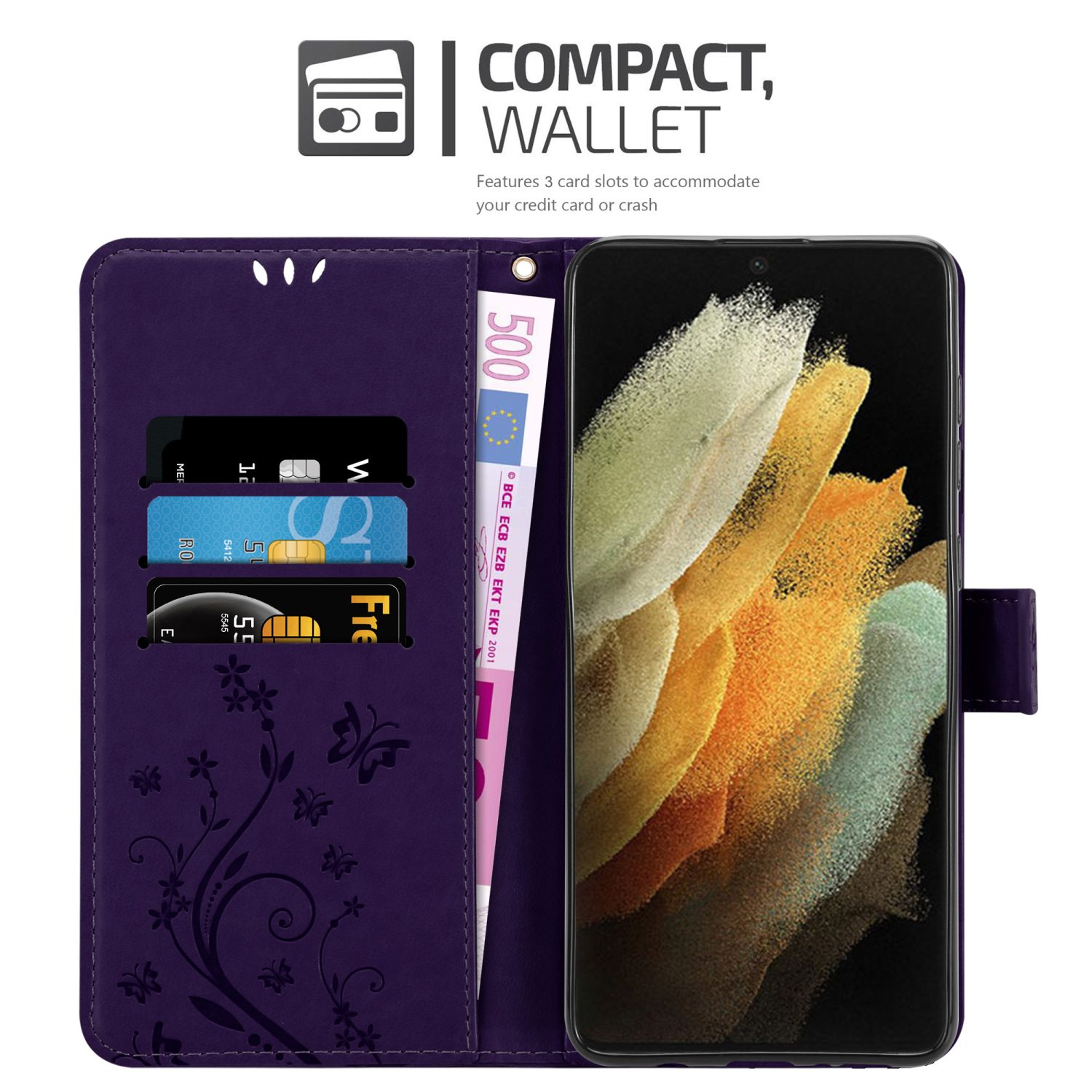 Custodia a portafoglio viola con carte e telefono. Con motivo floreale e banconota da 500 euro.