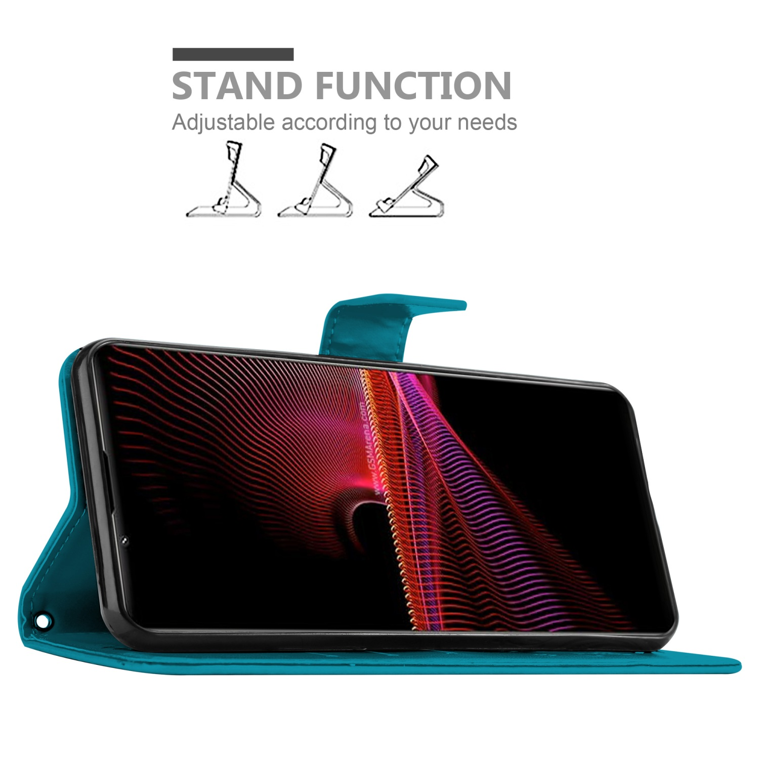 Custodia verde acqua con telefono. Testo: Funzione supporto. Regolabile in base alle tue esigenze.