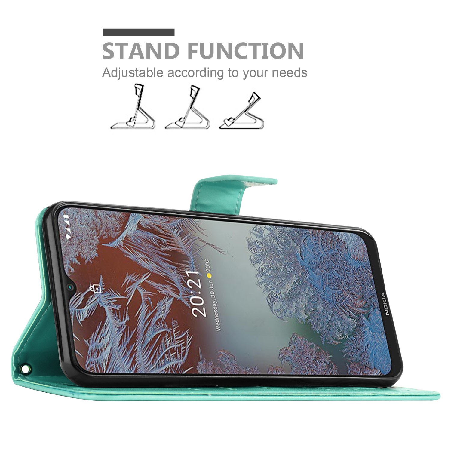 Custodia verde acqua con telefono che mostra un motivo ghiacciato. Diagramma della funzione stand. Testo: Funzione stand, regolabile.
